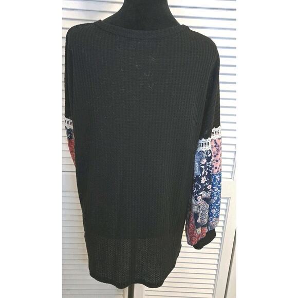 Miholl LARGE BLACK Waffle Knit Pullover V-Neck Statement Sleeve Boho Crochet - Picture 4 of 10